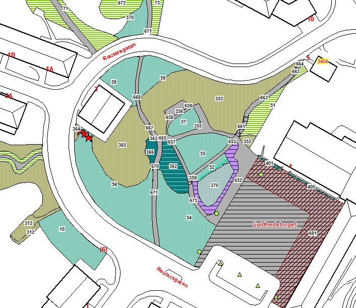 Besiktning av 3 ekar vid Reutersgatan 3 enligt kartritning nedan den 8 maj 2014. Jag kommer här att benämna ekarna med 1, 2 och 3 räknat från väster till öster.