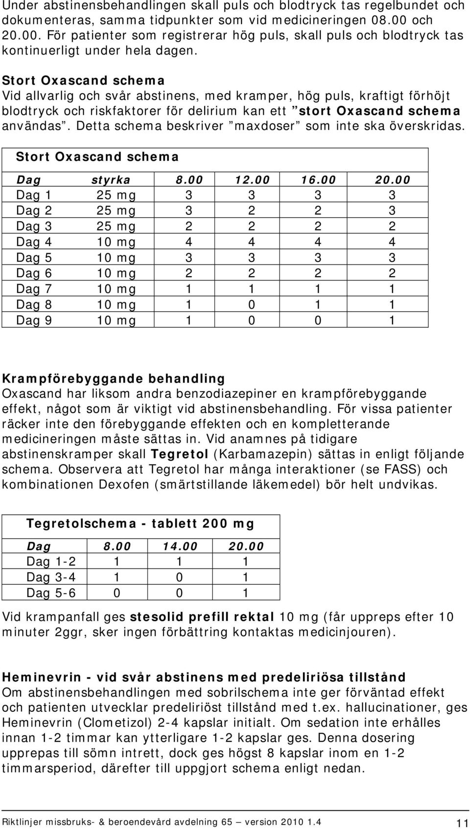 Stort Oxascand schema Vid allvarlig och svår abstinens, med kramper, hög puls, kraftigt förhöjt blodtryck och riskfaktorer för delirium kan ett stort Oxascand schema användas.