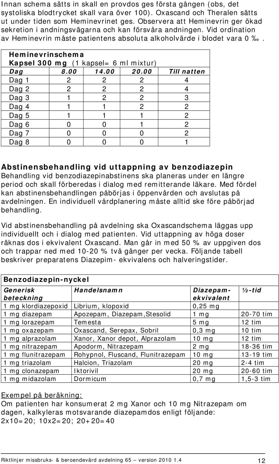 Heminevrinschema Kapsel 300 mg (1 kapsel= 6 ml mixtur) Dag 8.00 14.00 20.