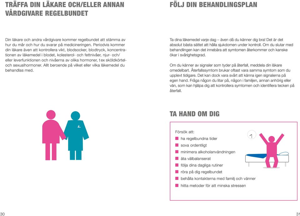 hormoner, tex sköldkörteloch sexualhormoner. allt beroende på vilket eller vilka läkemedel du behandlas med. ta dina läkemedel varje dag även då du känner dig bra!