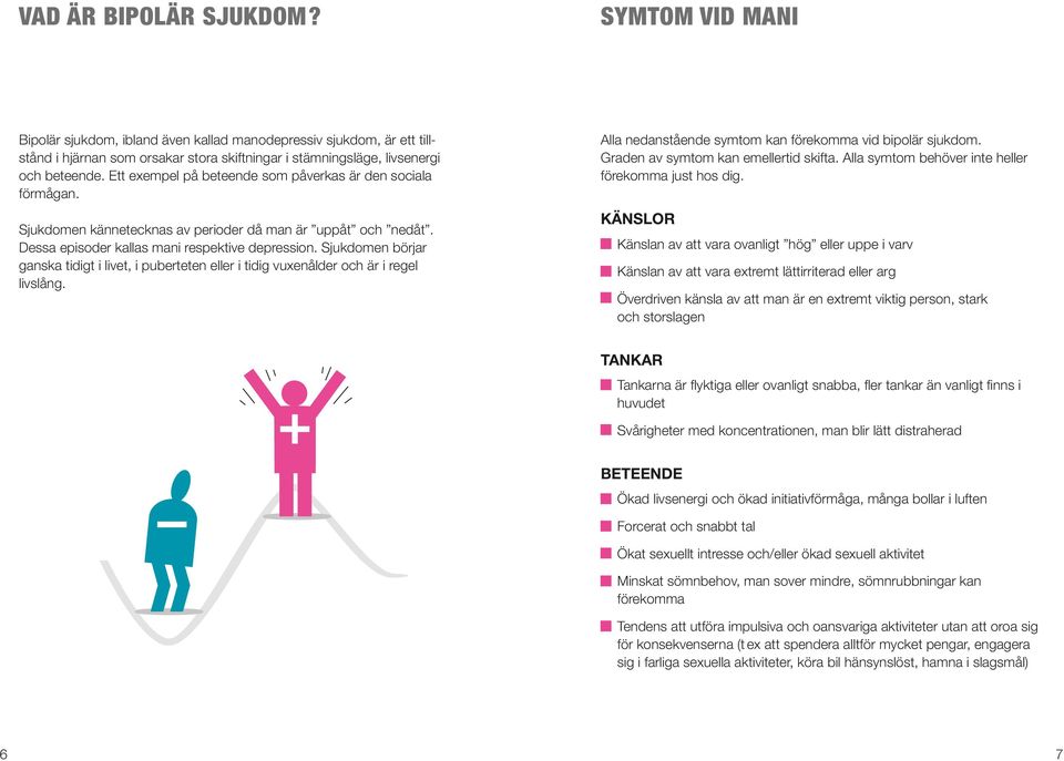 Sjukdomen börjar ganska tidigt i livet, i puberteten eller i tidig vuxenålder och är i regel livslång. alla nedanstående symtom kan förekomma vid bipolär sjukdom.