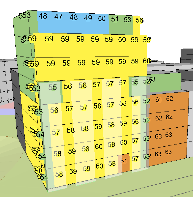 2015-08-10, rev:2015-12-08, sid 8 (10) Figur 3. För de gulamarkerade lägenheterna klaras riktvärden genom att dessa är genomgående med tillgång till ljuddämpad sida mot innergård.
