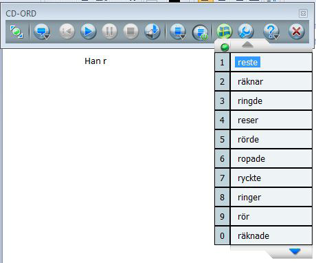 Ordprediktion Ordlistan När ordprediktion har slagits på, visas CD-ORDs ordlista på skärmen. Använd knappen Ordprediktion på/av i verktygslisten. Du kan också välja det i Menyn Ordprediktion.