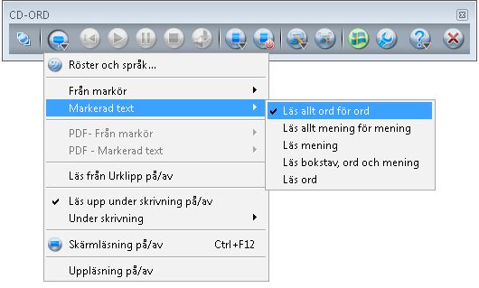 Som standard blir hela texten från markören och framåt - uppläst ord för ord. Du kan välja andra strategier i Menyn Uppläsning/Från markör. Läs upp markerad text Du kan också få markerad text uppläst.