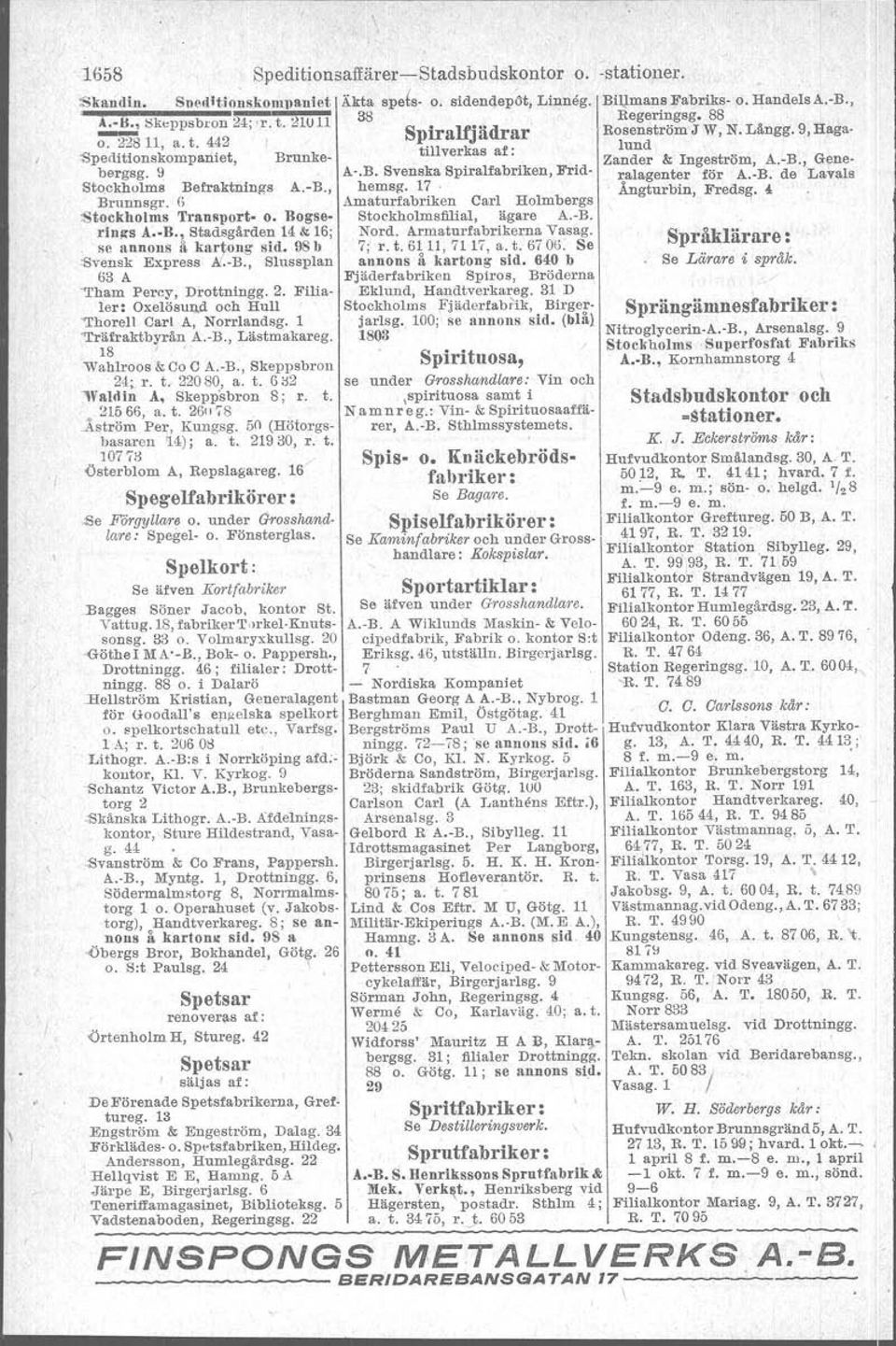 -B. de Lavals Sto.ckhulms Befraktnings A.-R., hemsg, 17. Ångturbin, Fredag 4, Brunnsgr. G Amaturfabriken Carl Holmbergs :Stockholms Transport. o. Bogse- Stockholmsfilial, ägare A.-B. rtnes Å B.