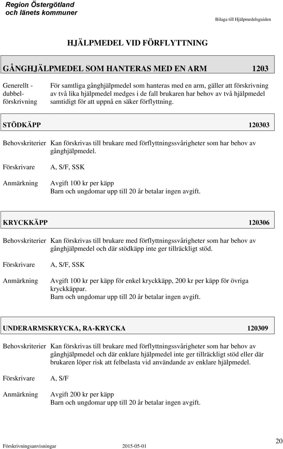 STÖDKÄPP 120303 Kan förskrivas till brukare med förflyttningssvårigheter som har behov av gånghjälpmedel., SSK vgift 100 kr per käpp Barn och ungdomar upp till 20 år betalar ingen avgift.