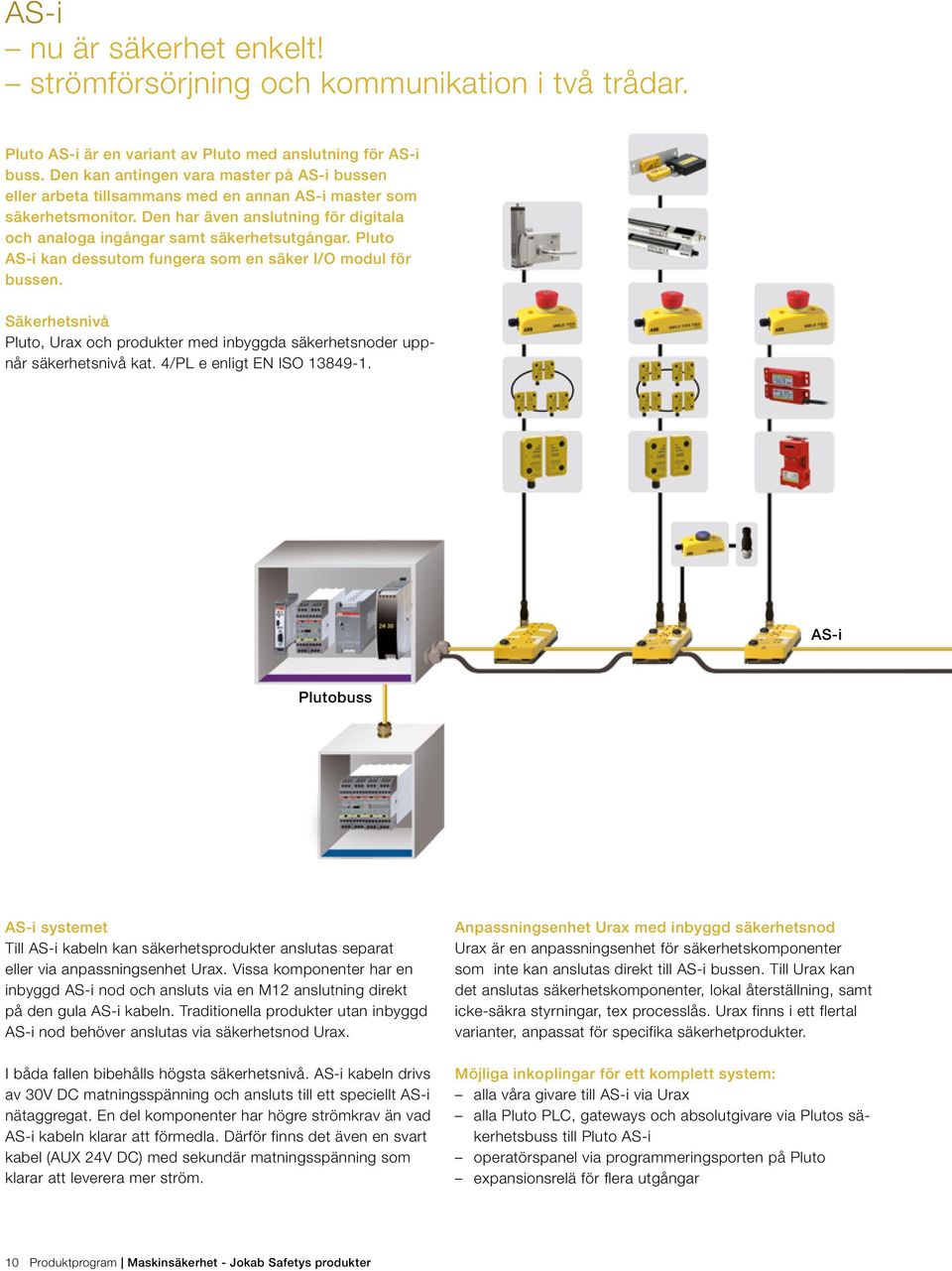 Pluto AS-i kan dessutom fungera som en säker I/O modul för bussen. Säkerhetsnivå Pluto, Urax och produkter med inbyggda säkerhetsnoder uppnår säkerhetsnivå kat. 4/PL e enligt EN ISO 13849-1.