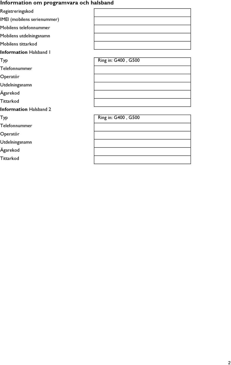 Typ Ring in: G400, G500 Telefonnummer Operatör Utdelningsnamn Ägarekod Tittarkod