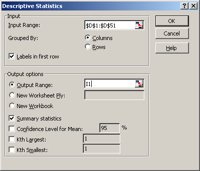 dvs tabellen kommer att ha sitt vänstra övre hörn i cell I1. Klicka i rutan Summary statistics innan ni klickar på OK.