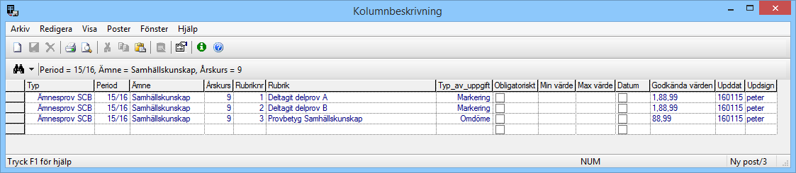 Kolumnbeskrivning för årskurs 9