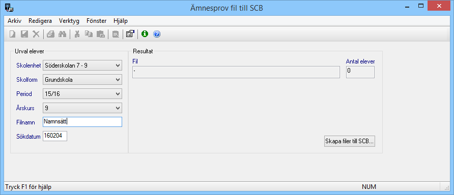 Ämnesprov - fil till SCB Fil till SCB Semikolonseparerad textfil enligt anvisningar från SCB. Skicka in filen via Internet, logga in till SCB (www.insamling.scb.se) med de uppgifter du fått därifrån.