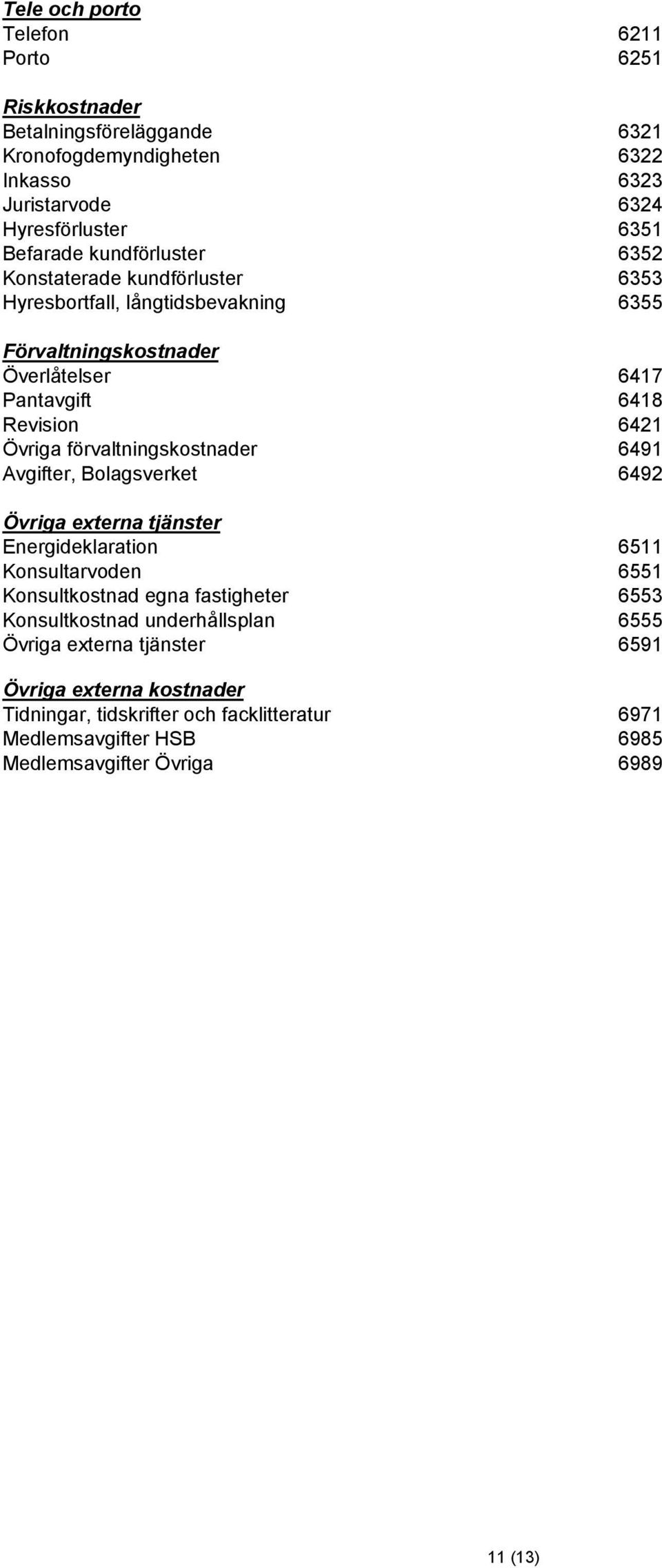 förvaltningskostnader 6491 Avgifter, Bolagsverket 6492 Övriga externa tjänster Energideklaration 6511 Konsultarvoden 6551 Konsultkostnad egna fastigheter 6553