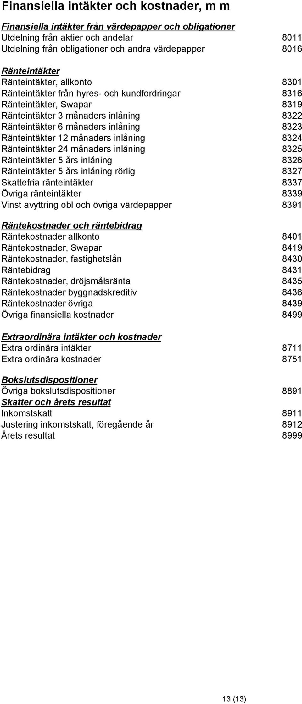 Ränteintäkter 12 månaders inlåning 8324 Ränteintäkter 24 månaders inlåning 8325 Ränteintäkter 5 års inlåning 8326 Ränteintäkter 5 års inlåning rörlig 8327 Skattefria ränteintäkter 8337 Övriga