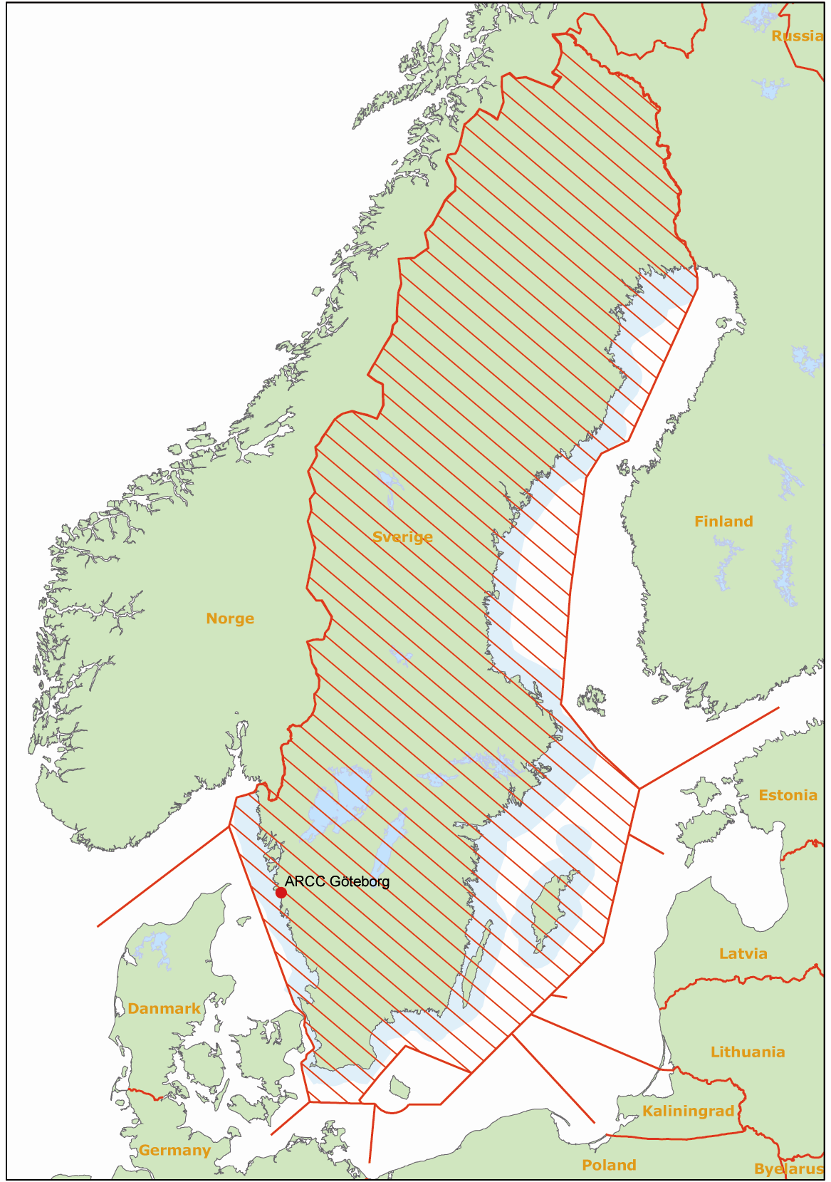 TSFS 2014: Bilaga 1 Bilaga 1 Svenskt ansvarsområde för alarmeringstjänst och flygräddningstjänst Svenskt ansvarsområde för flygräddningstjänst (svensk flygräddningsregion SRR) är det streckade