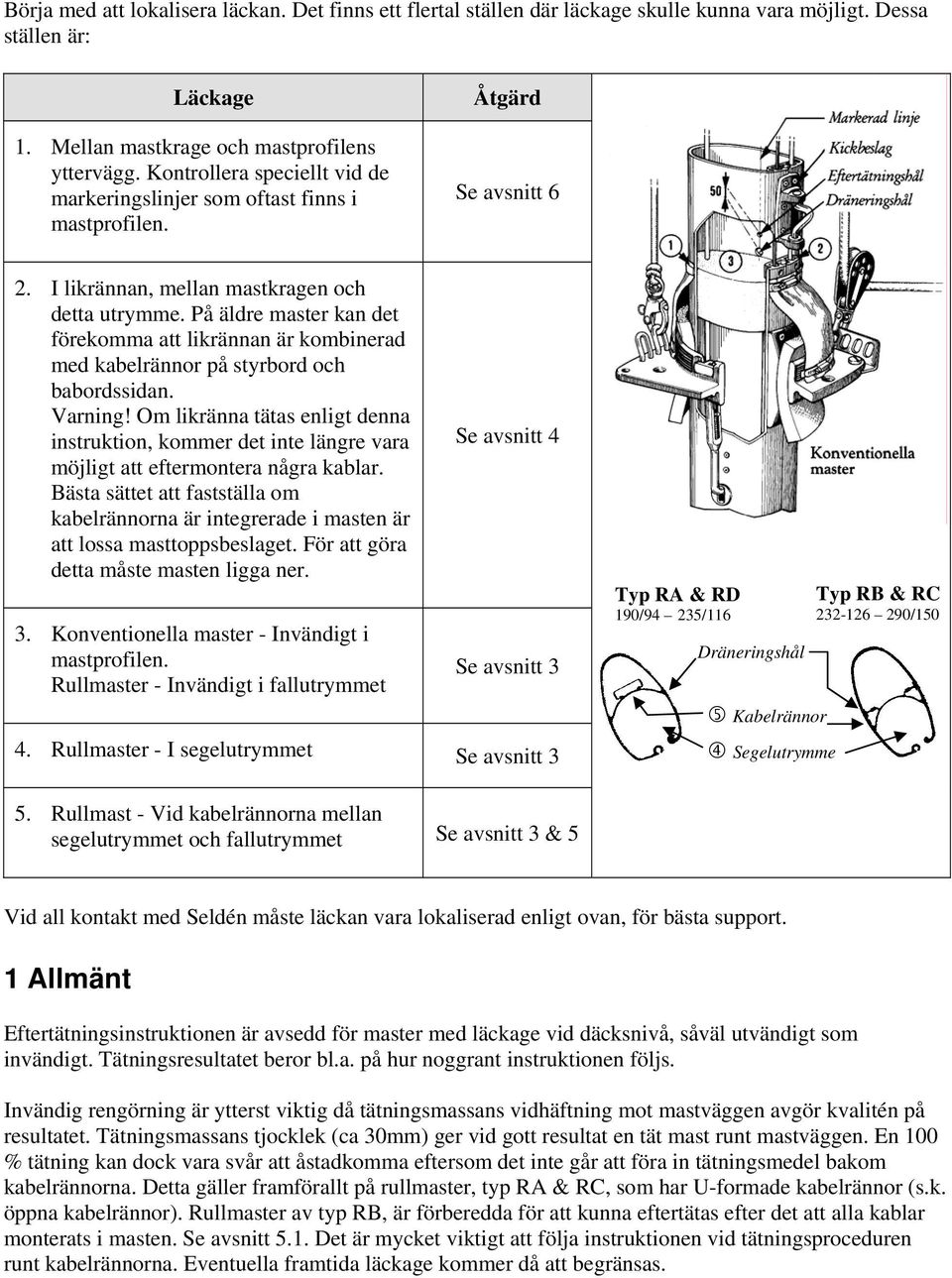 På äldre master kan det förekomma att likrännan är kombinerad med kabelrännor på styrbord och babordssidan. Varning!