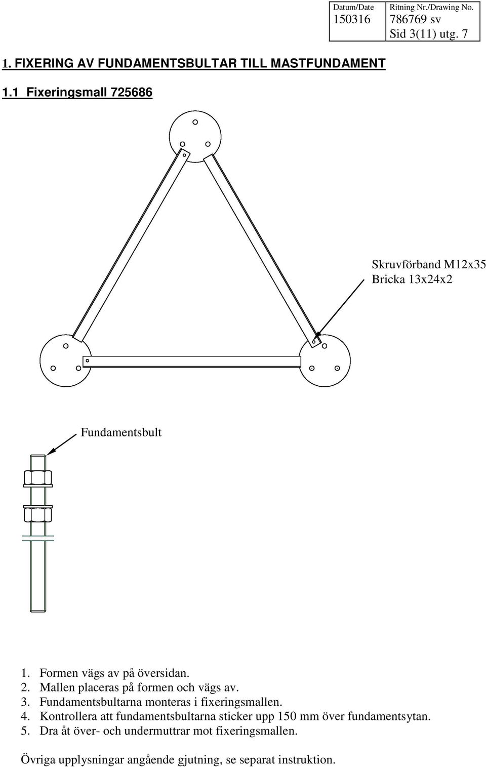 Mallen placeras på formen och vägs av. 3. Fundamentsbultarna monteras i fixeringsmallen. 4.