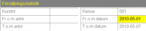 5 Försäljningsstatistik per kassa 1) Välj funktionen Försäljningsstatistik per kassa i funktionsmenyn. 2) Skriv in kundnummer eller välj kund via <F5> listan.