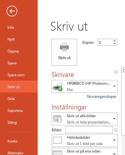 Under Bilder. Olika alternativ, t.ex. en bild per sida eller åhörarkopior, mindre bilder av presentationen så att flera bilder ryms på ett papper.