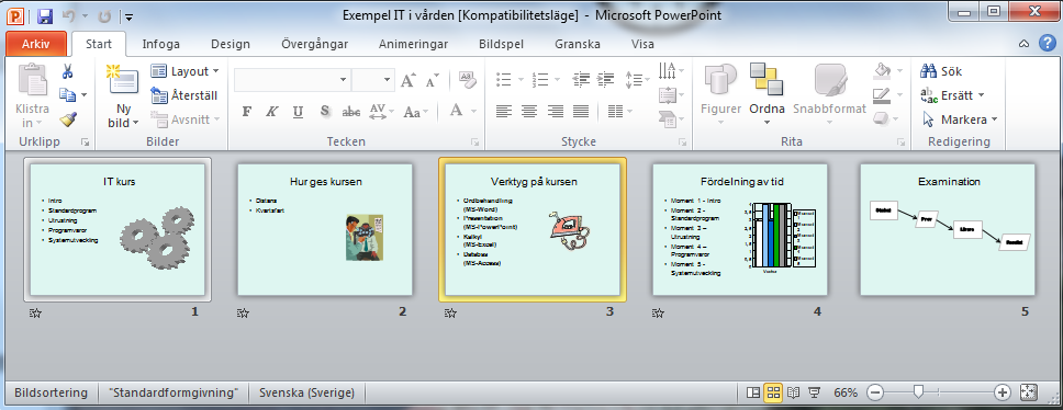 2.4.2 Bildsortering Ger en överblick över presentationen (sidorna). För varje bild som ingår i bildspelet visas en förminskad bild (thumbnails).