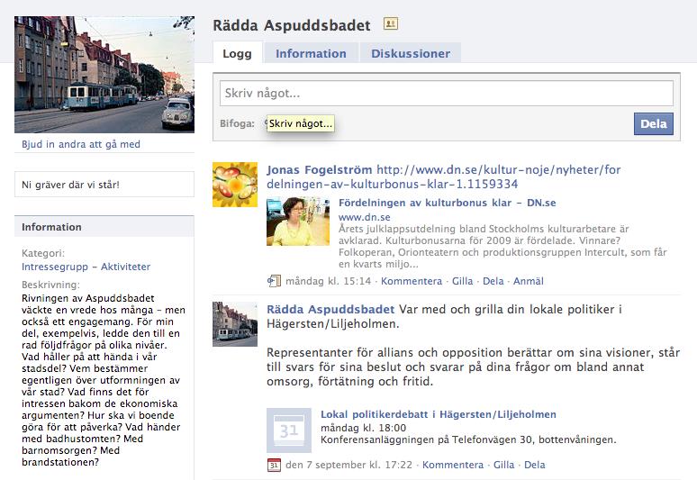 twitter.com/aspuddsbadet från 26 november 2009 För längre kommentarer använde aktivisterna bloggen och en Facebookgrupp Rädda Aspuddsbadet. De första inläggen där är från november 2007.