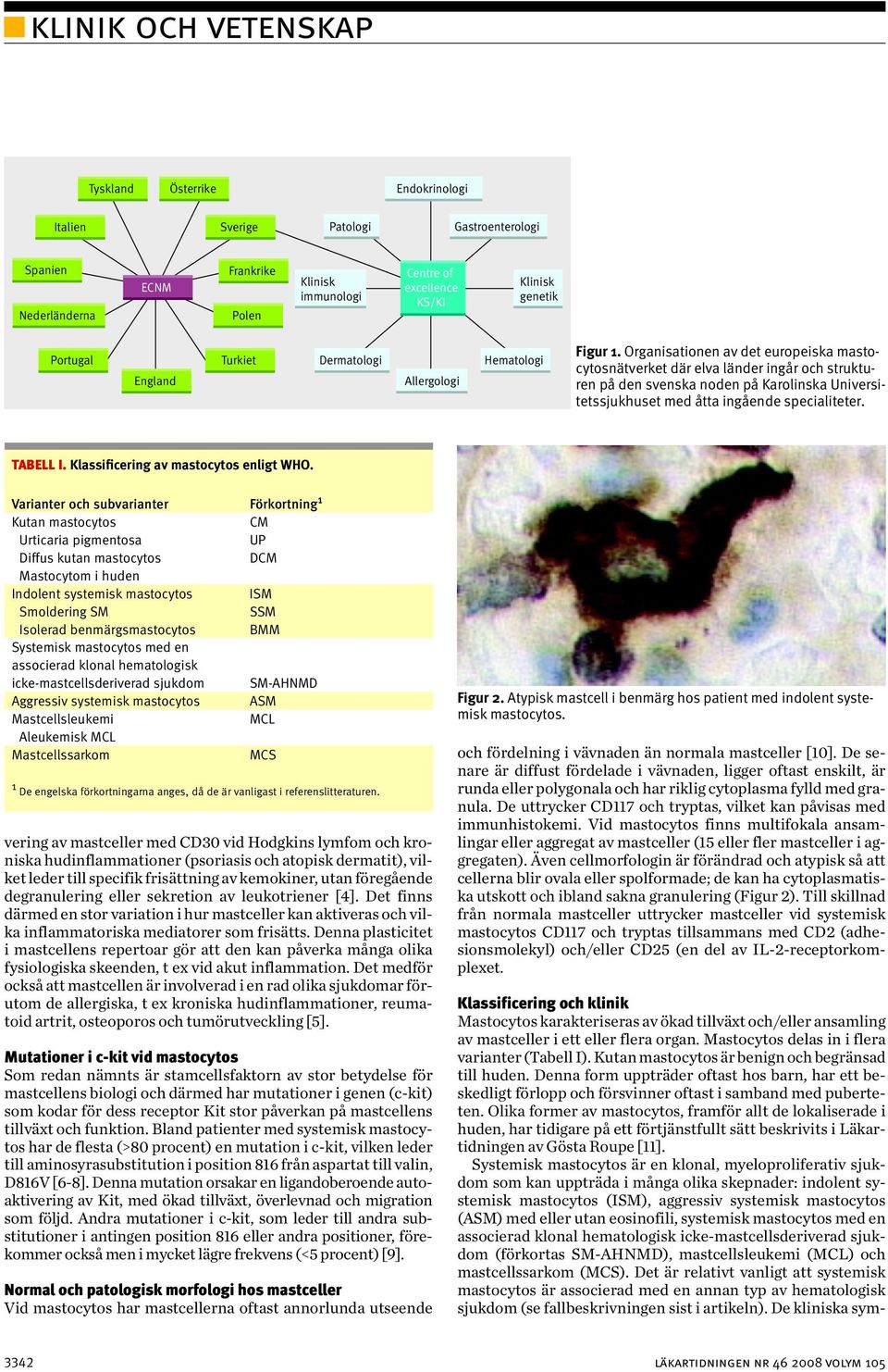 Organisationen av det europeiska mastocytosnätverket där elva länder ingår och strukturen på den svenska noden på Karolinska Universitetssjukhuset med åtta ingående specialiteter. TABELL I.