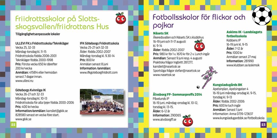nu Göteborgs Kvinnliga IK Vecka 26-27 och 32-33 Måndag-torsdag kl. 10-13 Friidrottsskola för alla tjejer födda 2000-2006 Pris: 400 kr/vecka Information/anmälan: kansliet@gkik.