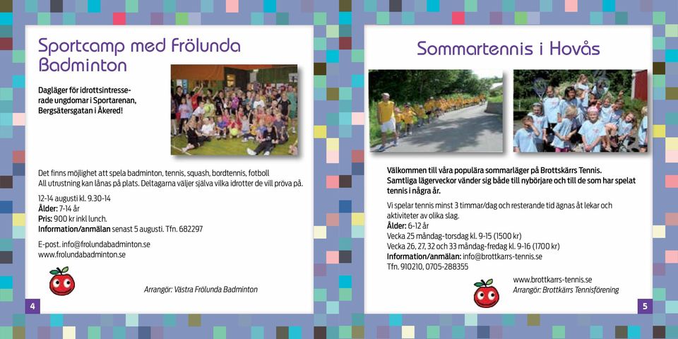 30-14 Ålder: 7-14 år Pris: 900 kr inkl lunch. Information/anmälan senast 5 augusti. Tfn. 682297 E-post. info@frolundabadminton.