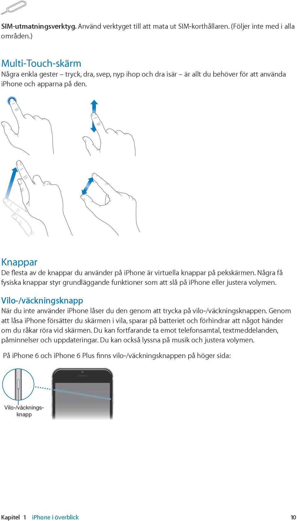 Knappar De flesta av de knappar du använder på iphone är virtuella knappar på pekskärmen. Några få fysiska knappar styr grundläggande funktioner som att slå på iphone eller justera volymen.