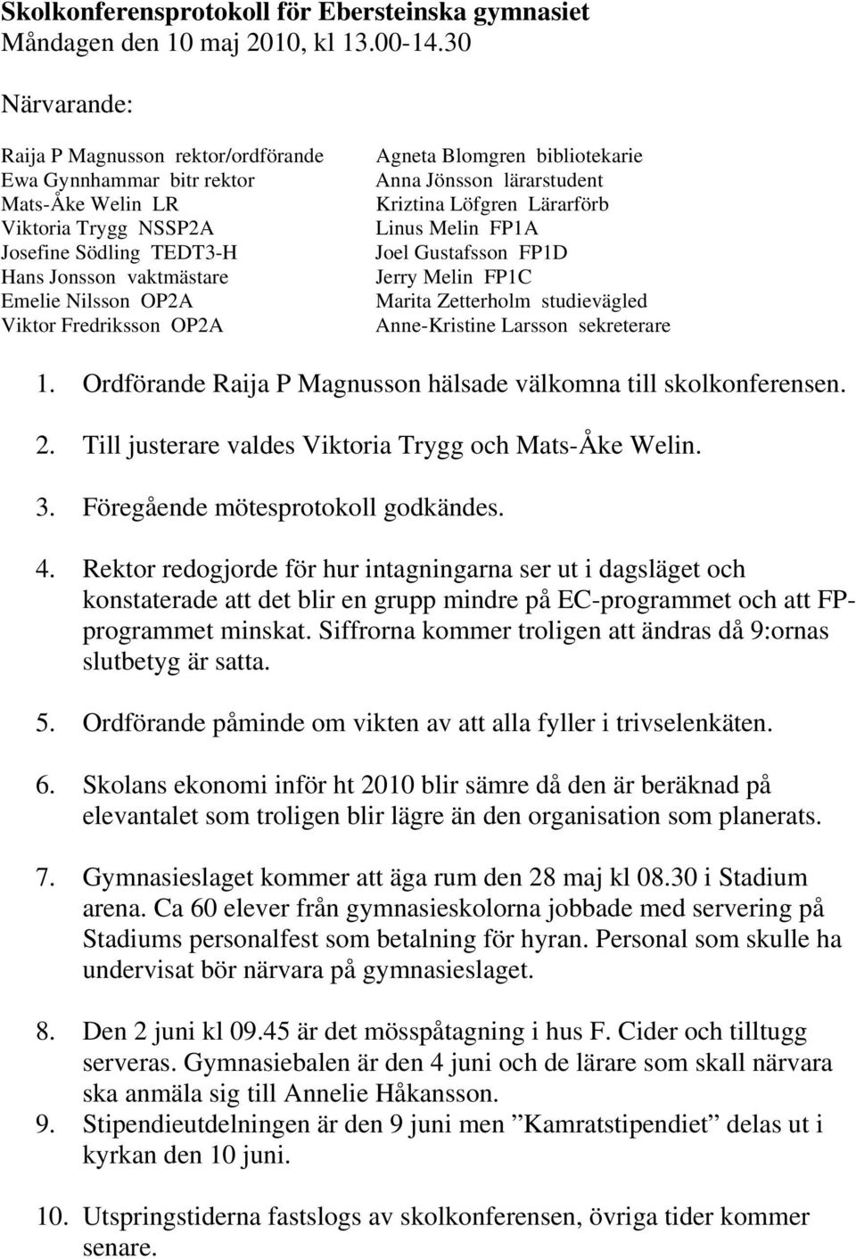 Fredriksson OP2A Agneta Blomgren bibliotekarie Anna Jönsson lärarstudent Kriztina Löfgren Lärarförb Linus Melin FP1A Joel Gustafsson FP1D Jerry Melin FP1C Marita Zetterholm studievägled Anne-Kristine