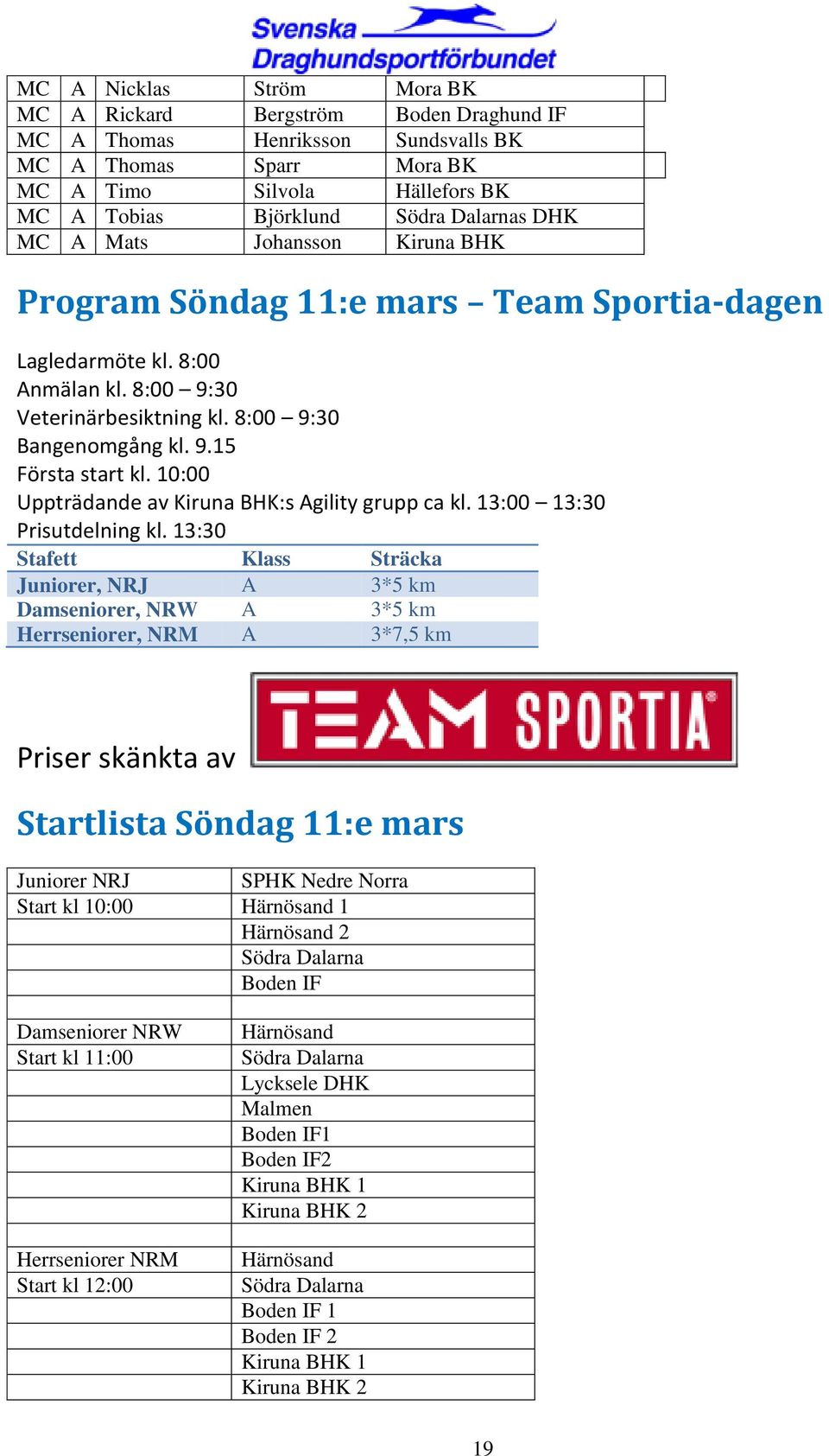 10:00 Uppträdande av Kiruna BHK:s Agility grupp ca kl. 13:00 13:30 Prisutdelning kl.