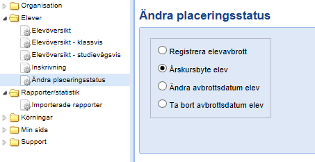 16 Årskursbyte elev Om en elev ska flyttas upp eller ner en årskurs ska funktionen årskursbyte användas.