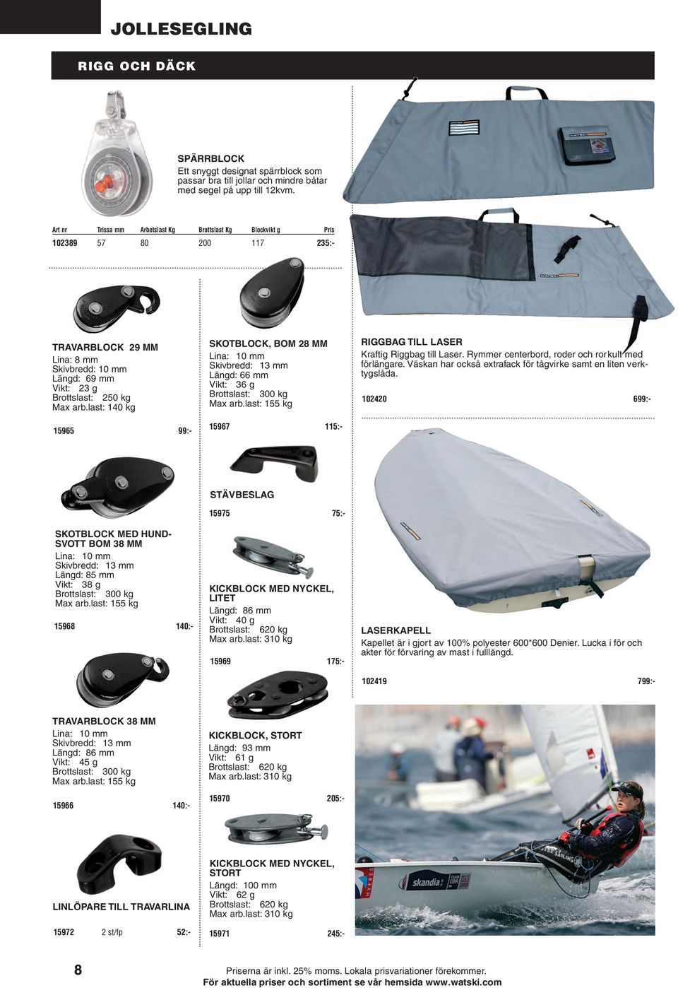 last: 140 kg 15965 99:- SKOTBLOCK, BOM 28 MM Lina: 10 Skivbredd: 13 Längd: 66 Vikt: 36 g Brottslast: 300 kg Max arb.last: 155 kg 15967 115:- RIGGBAG TILL LASER Kraftig Riggbag till Laser.