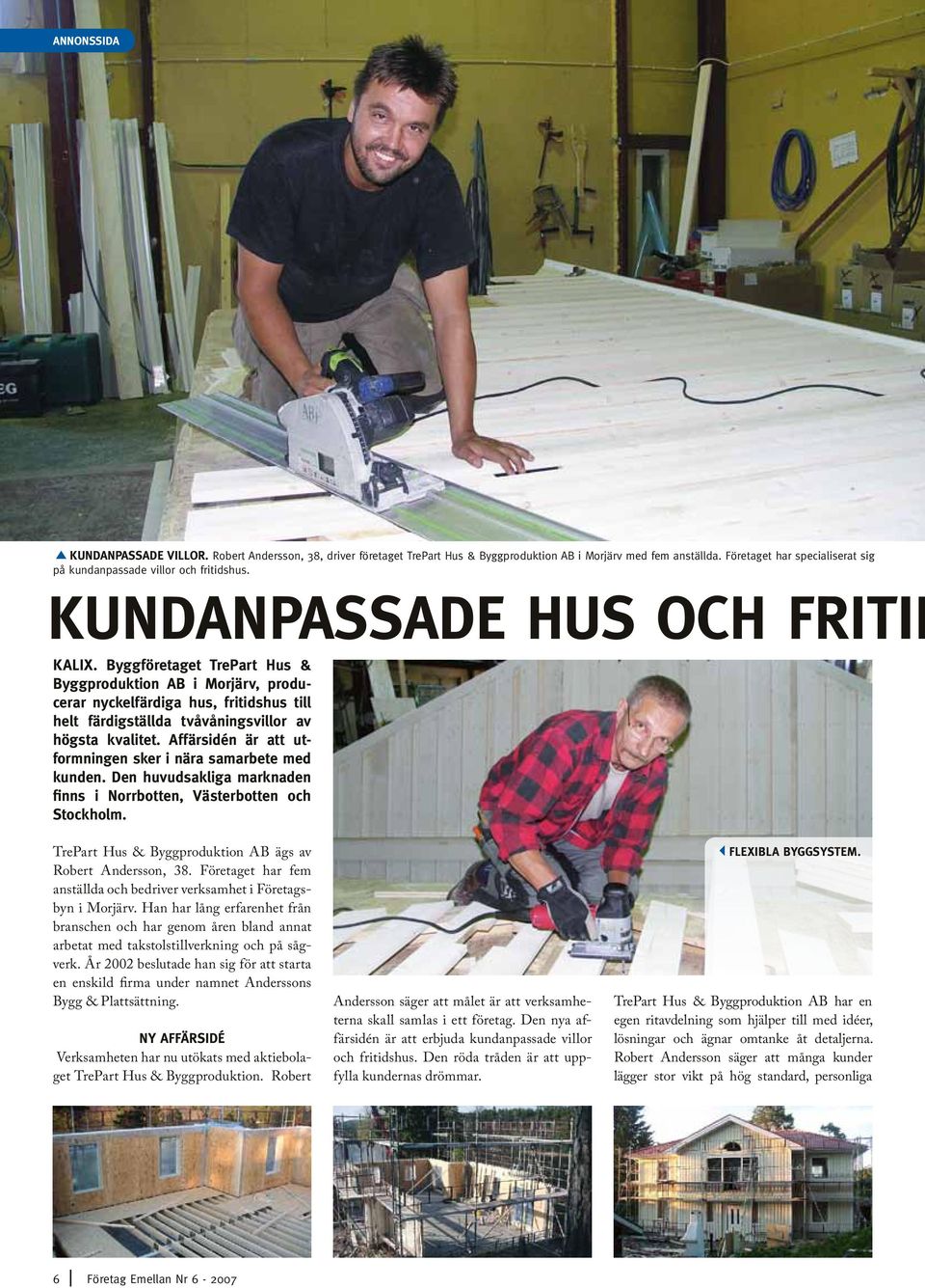 Affärsidén är att utformningen sker i nära samarbete med kunden. Den huvudsakliga marknaden finns i Norrbotten, Västerbotten och Stockholm. TrePart Hus & Byggproduktion AB ägs av Robert Andersson, 38.