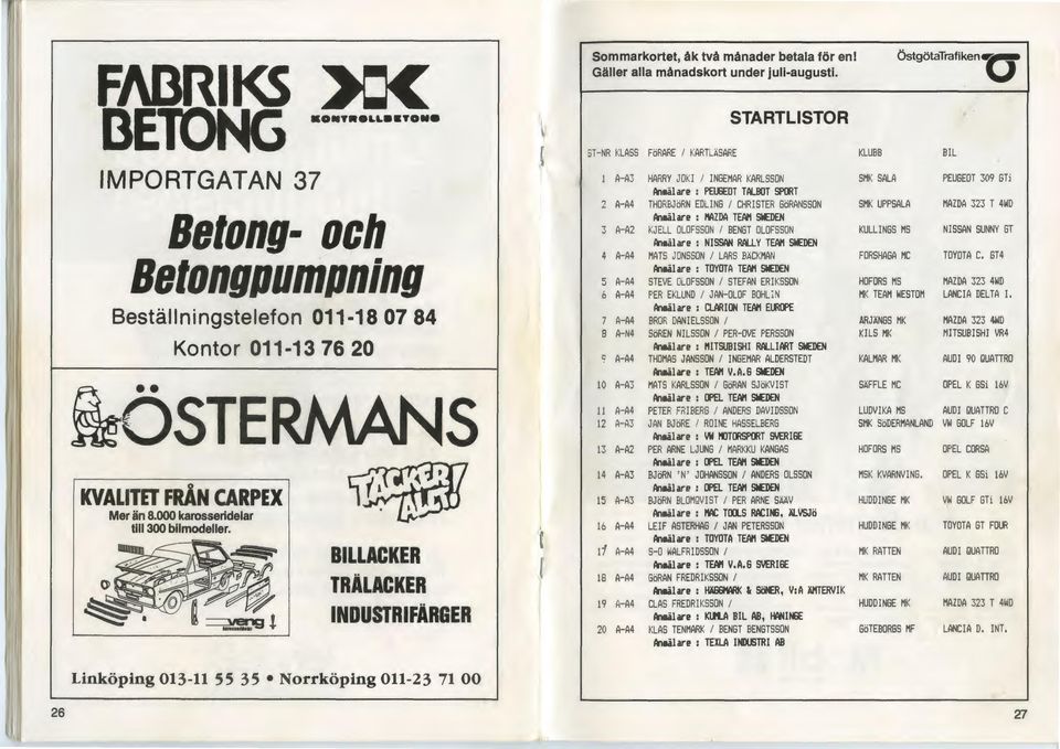 ST-NR KLASS FbRARE I KARTLASARE STARTLISTOR A-A3 HARRY JOKI I INGEMAR KARLSSON ~aa l are : PEOOEOT TPLBOT SPORT 2 A-A4 ihof;bjbrn EDLING I CHRISTER GoRANSSON ~a.