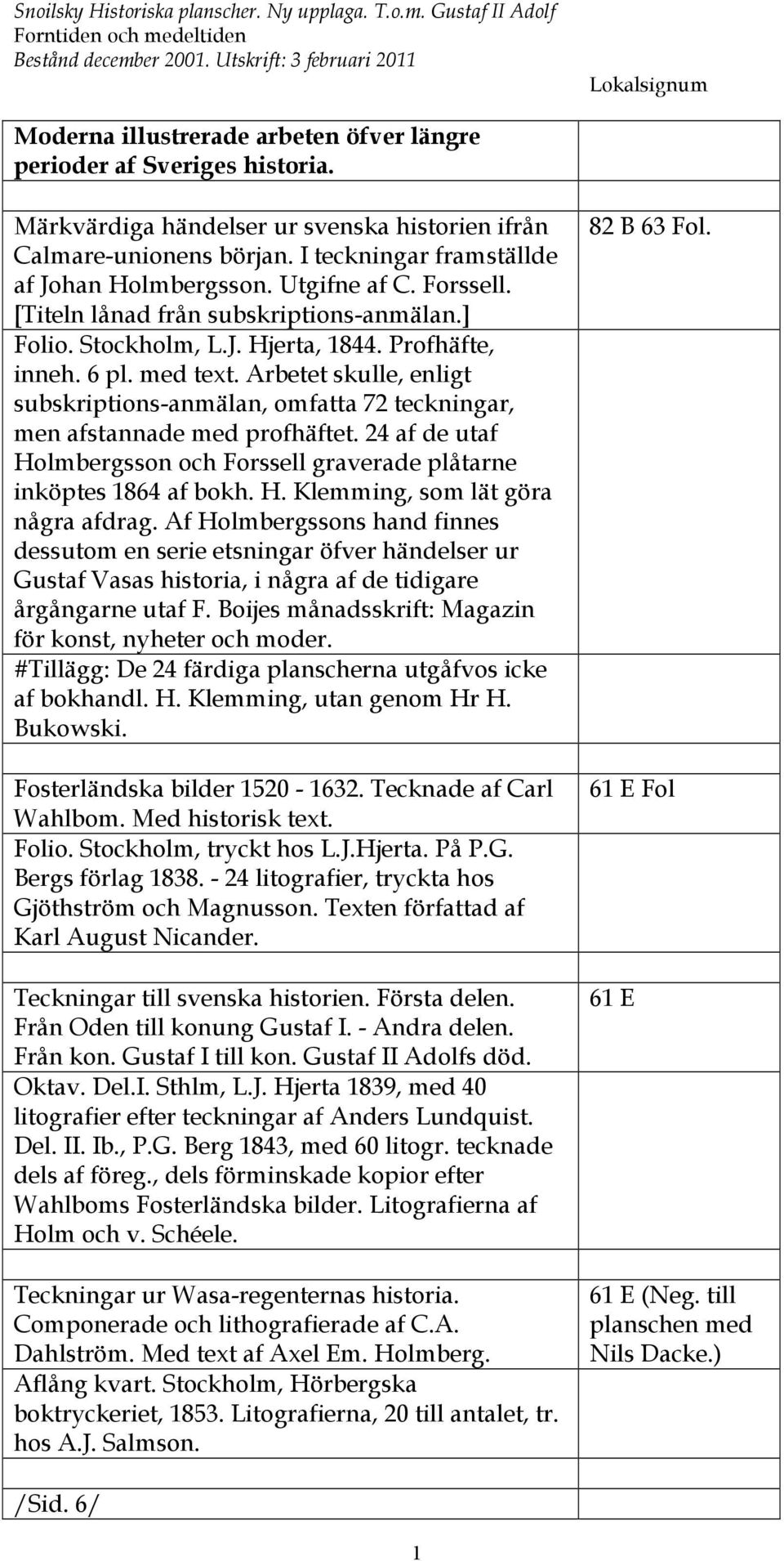 I teckningar framställde af Johan Holmbergsson. Utgifne af C. Forssell. [Titeln lånad från subskriptions-anmälan.] Folio. Stockholm, L.J. Hjerta, 1844. Profhäfte, inneh. 6 pl. med text.