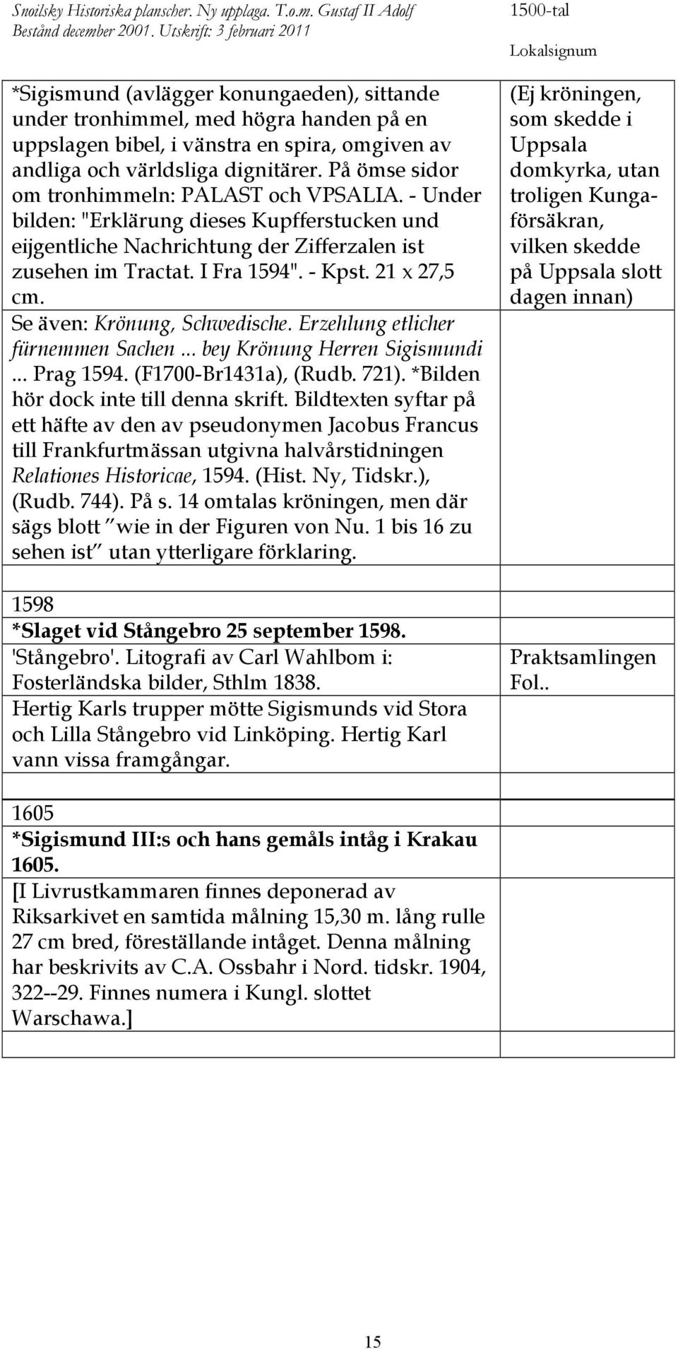 På ömse sidor om tronhimmeln: PALAST och VPSALIA. - Under bilden: "Erklärung dieses Kupfferstucken und eijgentliche Nachrichtung der Zifferzalen ist zusehen im Tractat. I Fra 1594". - Kpst.