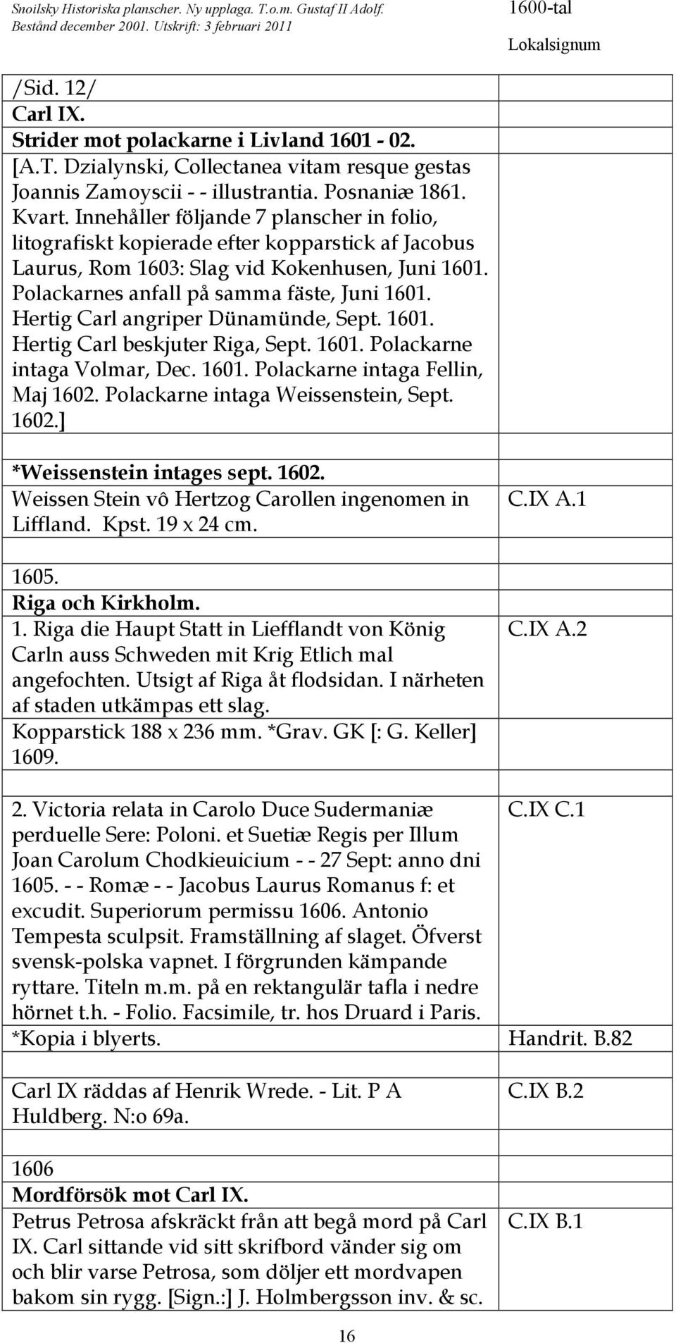 Polackarnes anfall på samma fäste, Juni 1601. Hertig Carl angriper Dünamünde, Sept. 1601. Hertig Carl beskjuter Riga, Sept. 1601. Polackarne intaga Volmar, Dec. 1601. Polackarne intaga Fellin, Maj 1602.