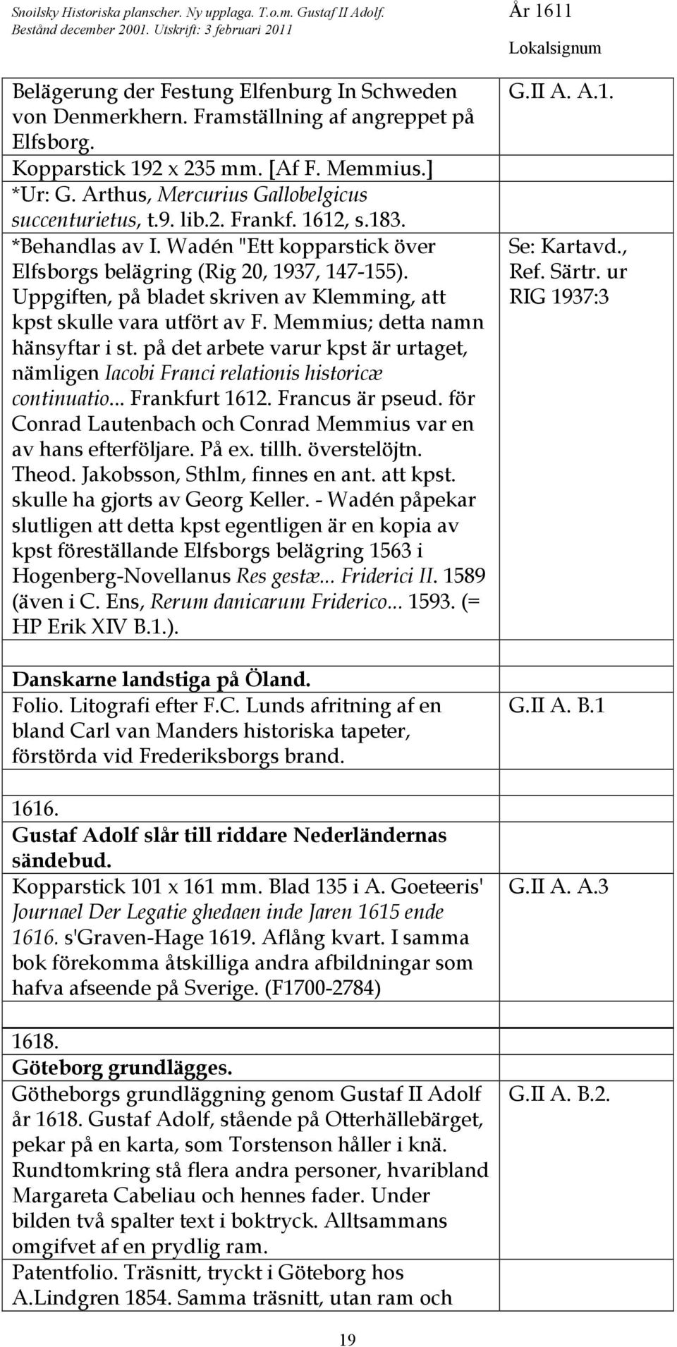 Wadén "Ett kopparstick över Elfsborgs belägring (Rig 20, 1937, 147-155). Uppgiften, på bladet skriven av Klemming, att kpst skulle vara utfört av F. Memmius; detta namn hänsyftar i st.