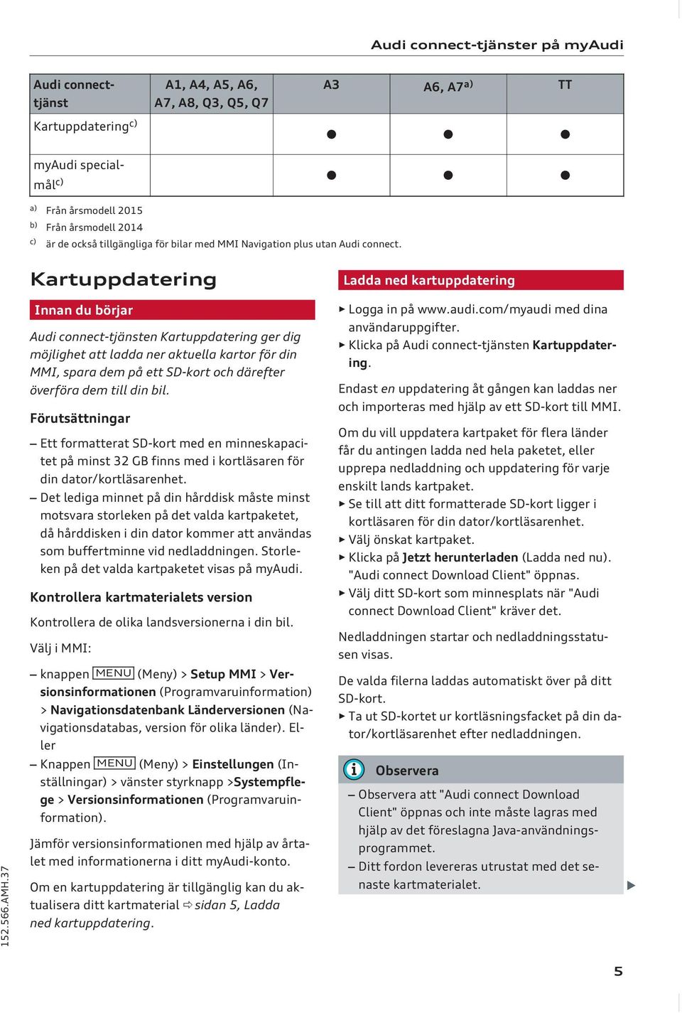 37 Kartuppdatering Innan du börjar Audi connect-tjänsten Kartuppdatering ger dig möjlighet att ladda ner aktuella kartor för din MMI, spara dem på ett SD-kort och därefter överföra dem till din bil.