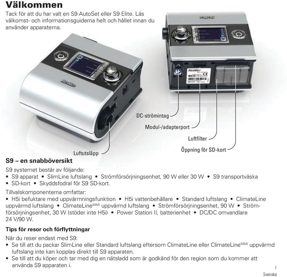 Tillvalskomponenterna omfattar: H5i befuktare med uppvärmningsfunktion H5i vattenbehållare Standard luftslang ClimateLine uppvärmd luftslang ClimateLine MAX uppvärmd luftslang Strömförsörjningsenhet,