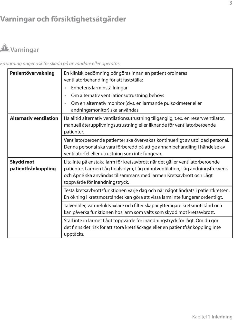 Om alternativ ventilationsutrustning behövs Om en alternativ monitor (dvs. en larmande pulsoximeter eller andningsmonitor) ska användas Ha alltid alternativ ventilationsutrustning tillgänglig, t.ex.