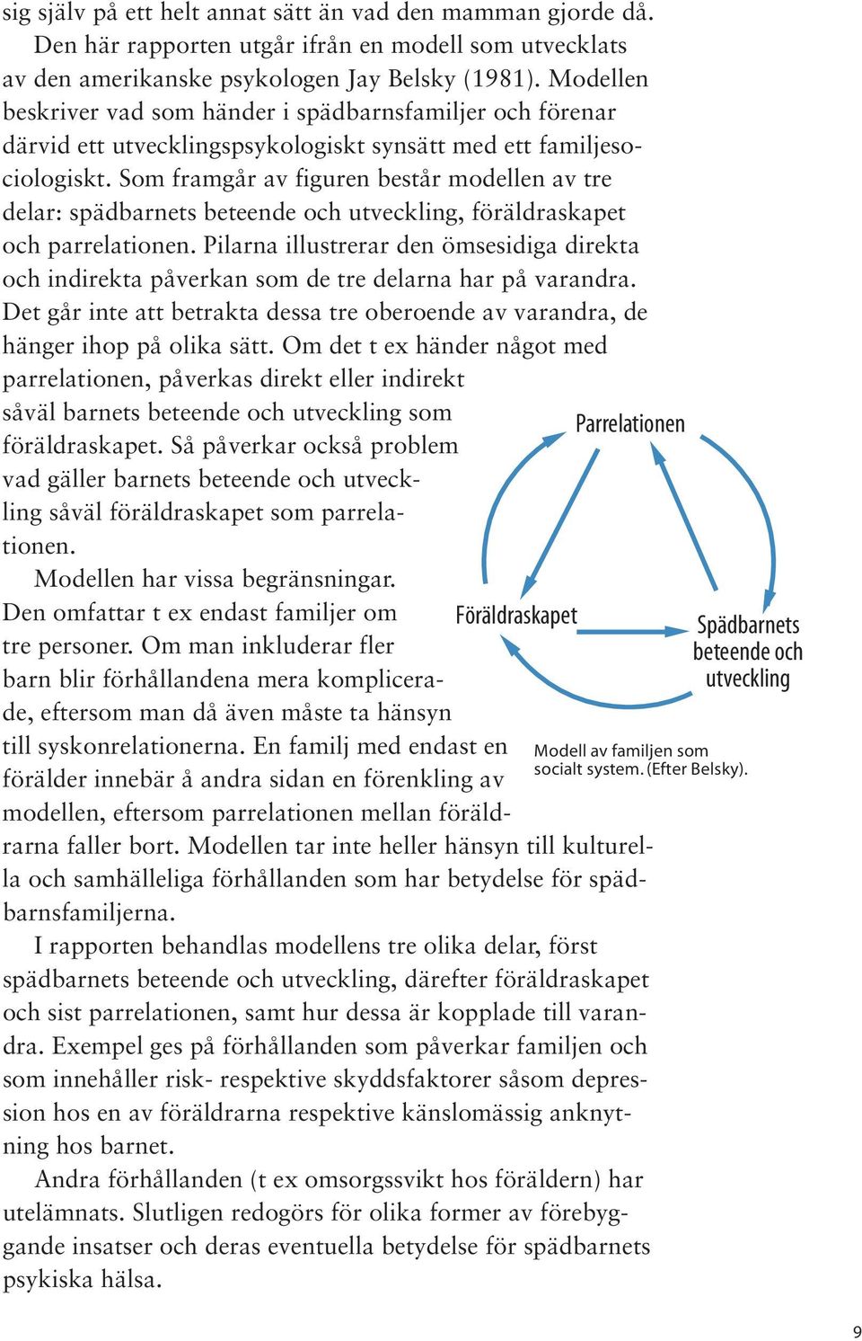 Som framgår av figuren består modellen av tre delar: spädbarnets beteende och utveckling, föräldraskapet och parrelationen.