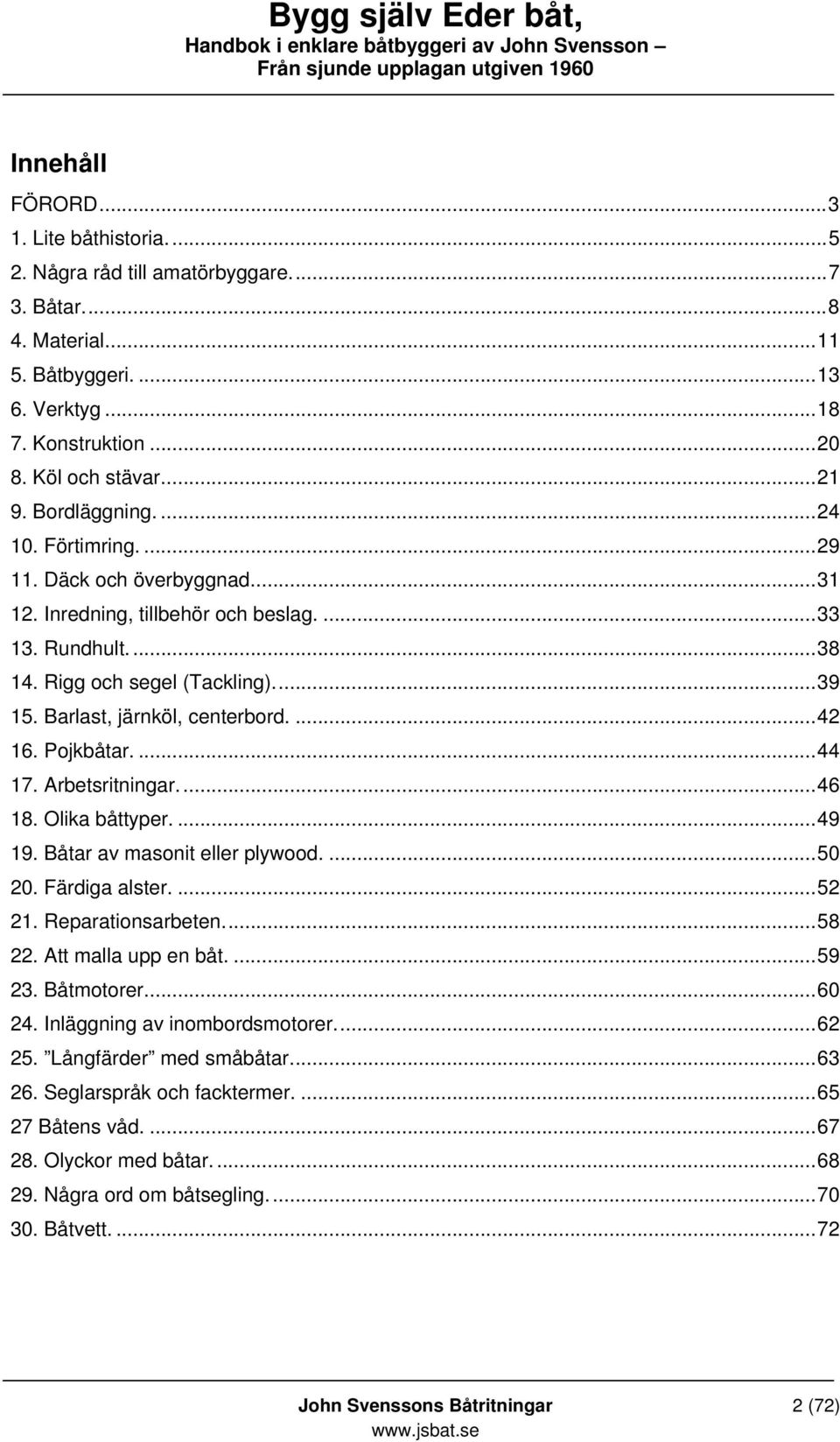 ...42 16. Pojkbåtar....44 17. Arbetsritningar....46 18. Olika båttyper....49 19. Båtar av masonit eller plywood....50 20. Färdiga alster....52 21. Reparationsarbeten...58 22. Att malla upp en båt.