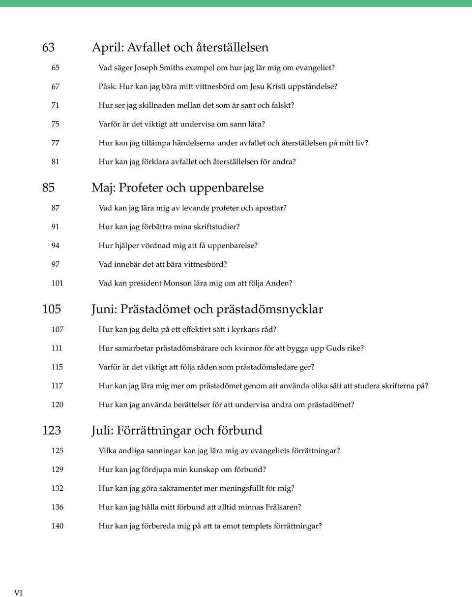 81 Hur kan jag förklara avfallet och återställelsen för andra? 85 Maj: Profeter och uppenbarelse 87 Vad kan jag lära mig av levande profeter och apostlar? 91 Hur kan jag förbättra mina skriftstudier?