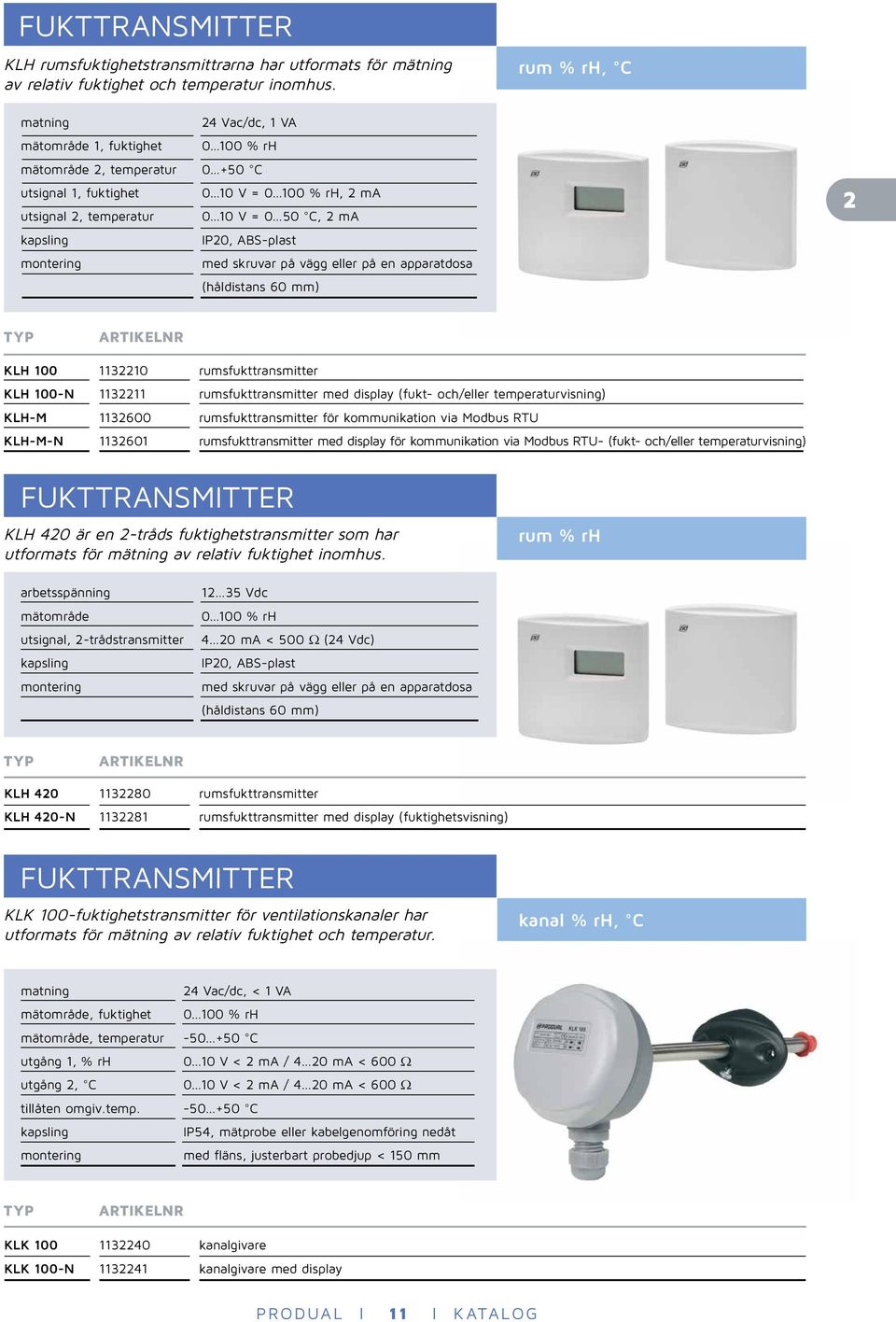 ABS-plast med skruvar på vägg eller på en apparatdosa (håldistans 60 mm) 2 KLH 100 1132210 rumsfukttransmitter KLH 100-N 1132211 rumsfukttransmitter med display (fukt- och/eller temperaturvisning)