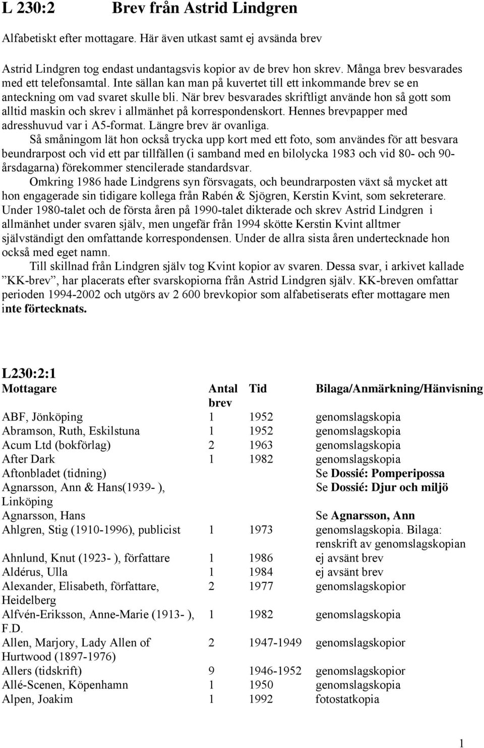 När brev besvarades skriftligt använde hon så gott som alltid maskin och skrev i allmänhet på korrespondenskort. Hennes brevpapper med adresshuvud var i A5-format. Längre brev är ovanliga.