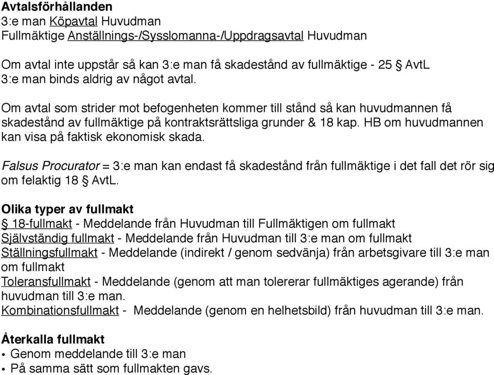 HB om huvudmannen kan visa på faktisk ekonomisk skada. Falsus Procurator = 3:e man kan endast få skadestånd från fullmäktige i det fall det rör sig om felaktig 18 AvtL.