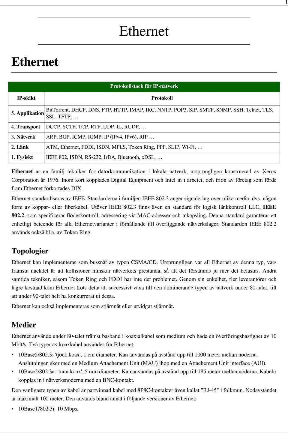 Fysiskt IEEE 802, ISDN, RS-232, IrDA, Bluetooth, xdsl, Ethernet är en familj tekniker för datorkommunikation i lokala nätverk, ursprungligen konstruerad av Xerox Corporation år 1976.