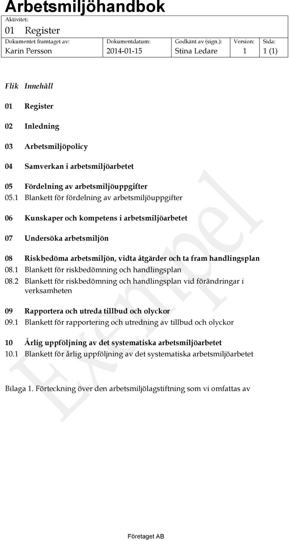 Blankett för riskbedömning och handlingsplan 08.2 Blankett för riskbedömning och handlingsplan vid förändringar i verksamheten 09 Rapportera och utreda tillbud och olyckor 09.