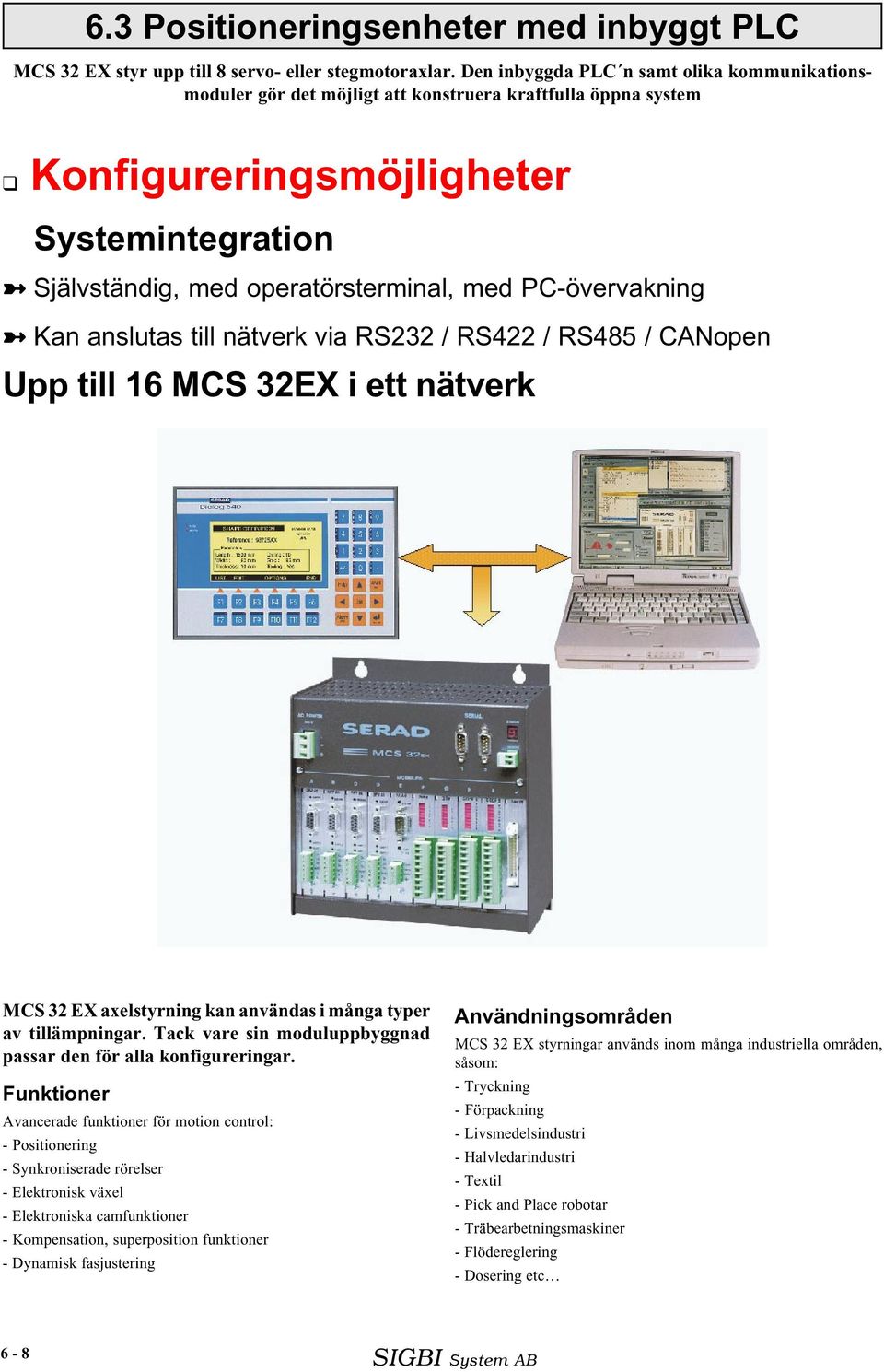 PC-övervakning Kan anslutas till nätverk via RS232 / RS422 / RS485 / CANopen Upp till 16 MCS 32EX i ett nätverk MCS 32 EX axelstyrning kan användas i många typer av tillämpningar.